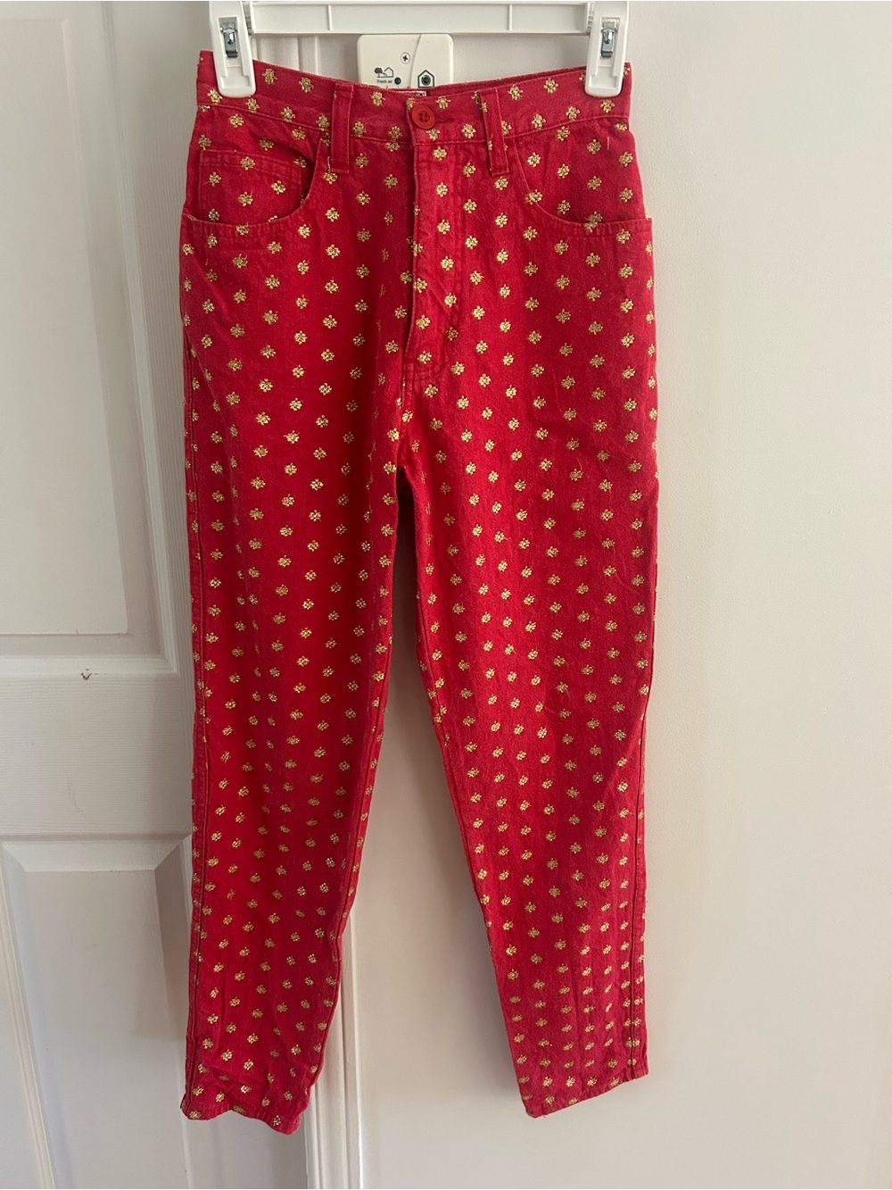 Moschino Red Corduroy Jeans with Gold Dot Print